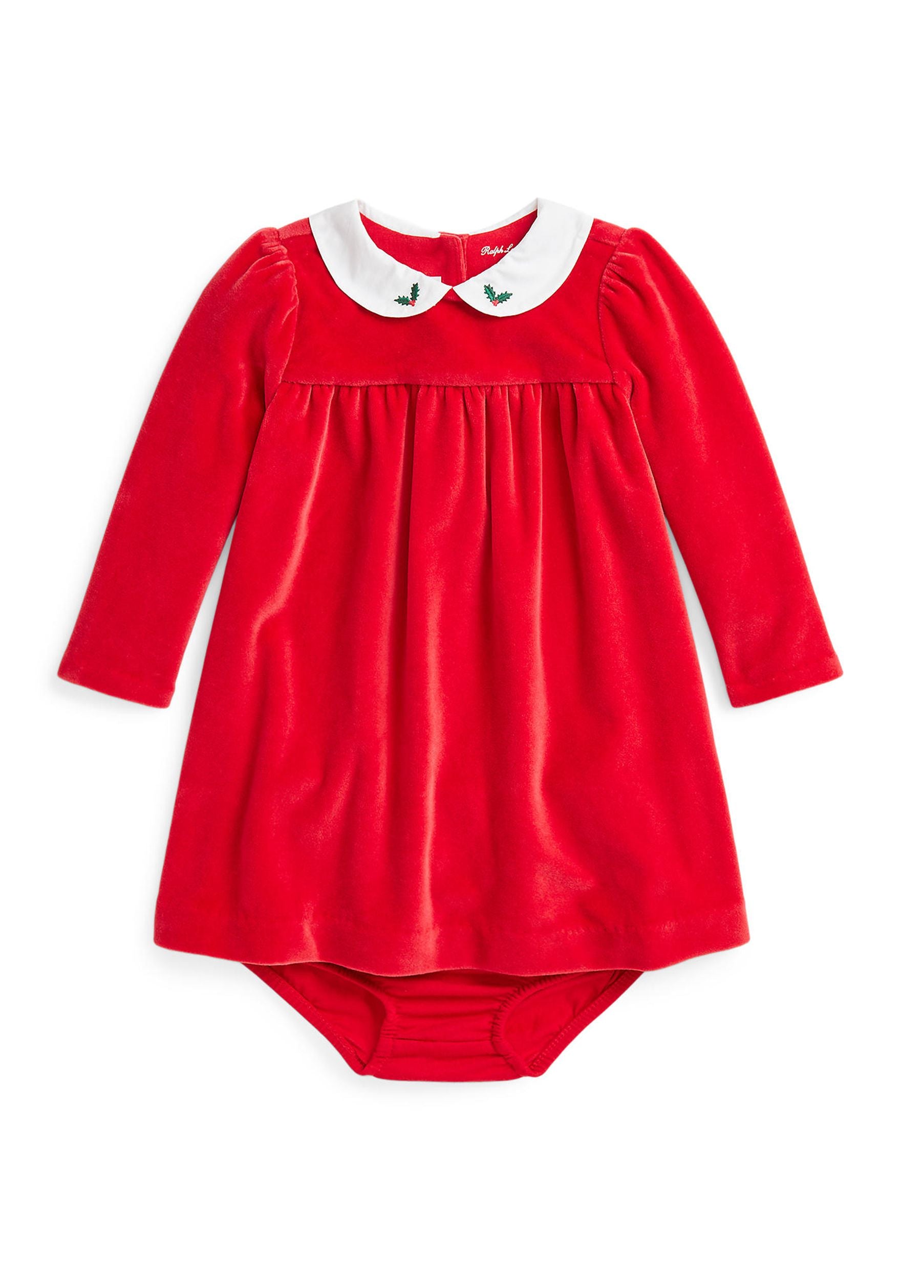 Red Velour Dress embroidered holly collar (Size 18m) EUC