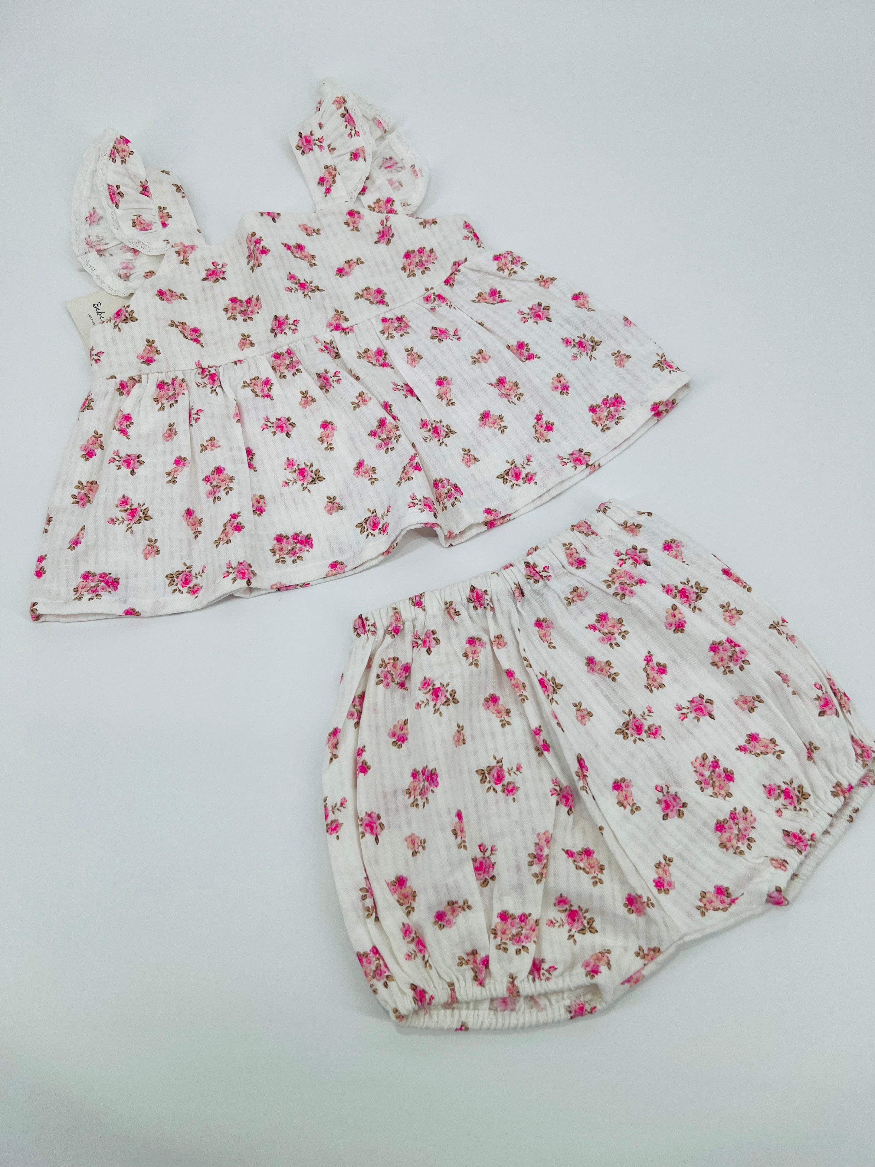 Bebe Organic Pink White Floral Ruffle Trim Dress (12M) NWT