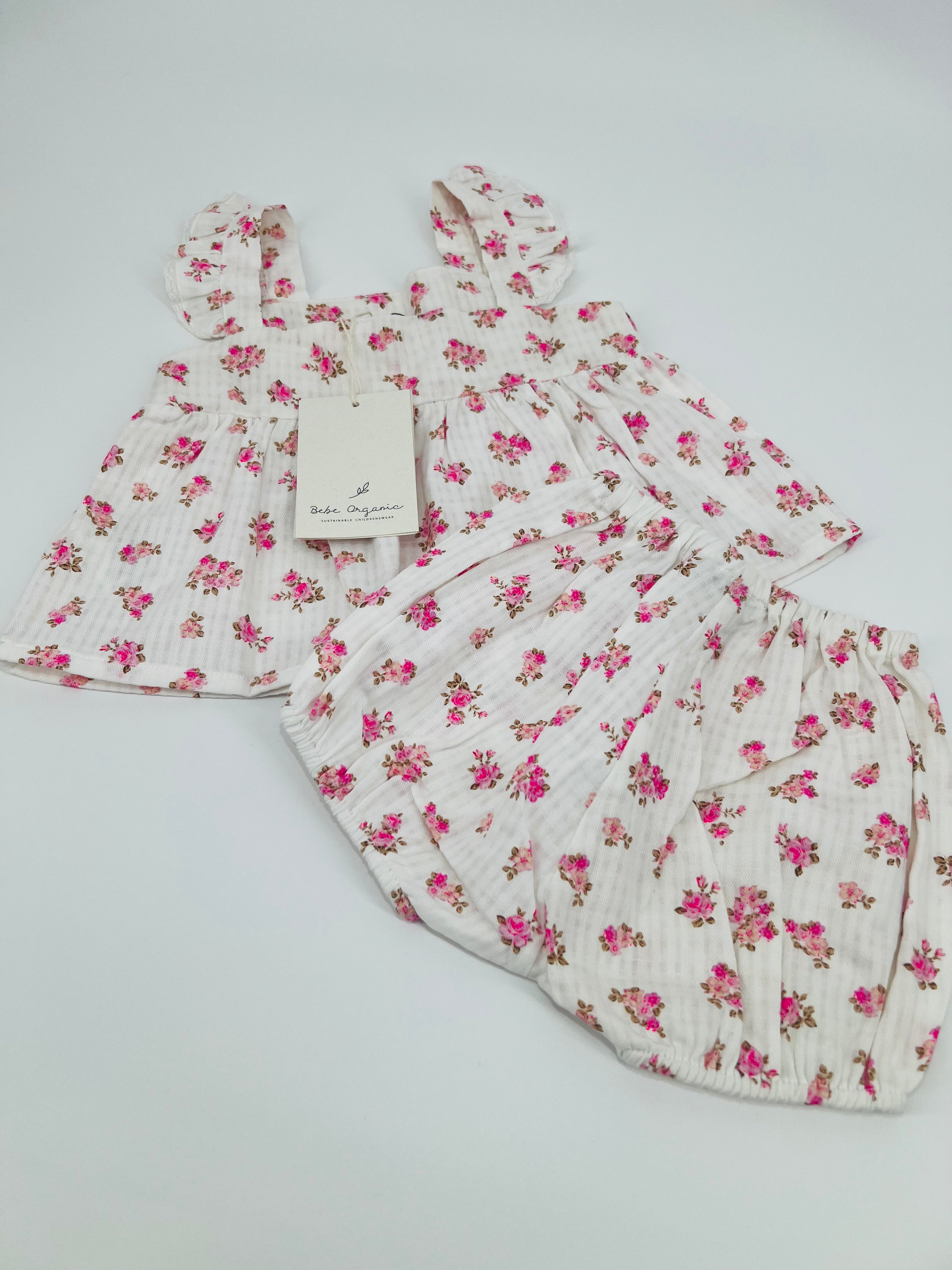 Bebe Organic Pink White Floral Ruffle Trim Dress (12M) NWT