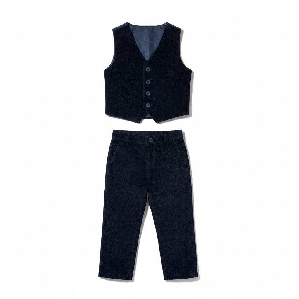 Boys Navy Blue Velvet Waistcoat Suit (3T) EUC