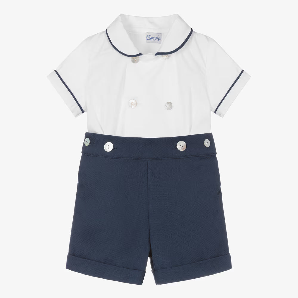 Boys Navy Blue & White Cotton Buster Suit (EUC 3T)