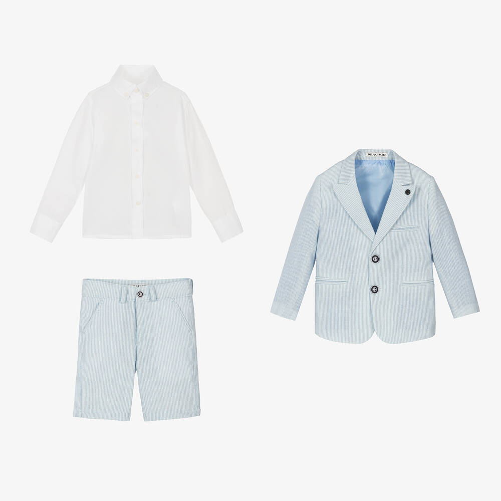 Boys Light Blue Stripe Cotton Shorts Suit (3T) EUC