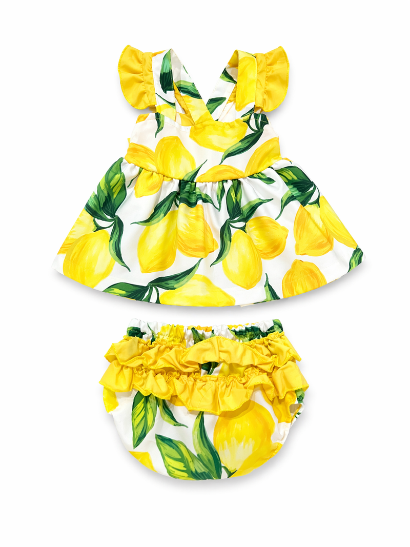Lemon Summer Dress with ribbon & Bloomer (Size: 12M) EUC