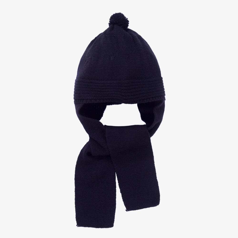 Black Knitted Pom-Pom Hat With Attached Scarf (2-3T) EUC