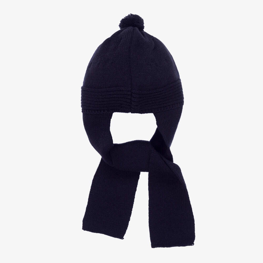 Black Knitted Pom-Pom Hat With Attached Scarf (2-3T) EUC