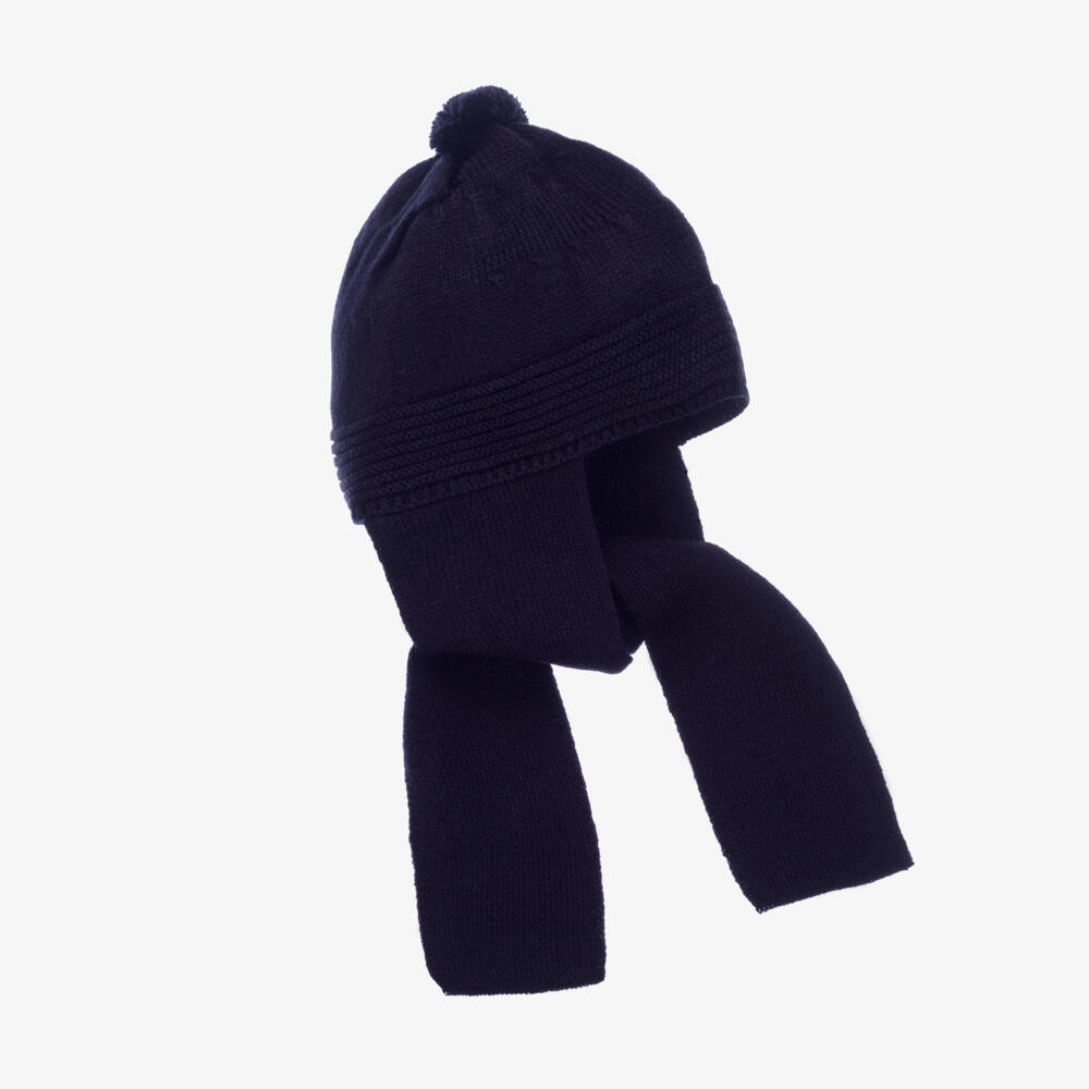 Black Knitted Pom-Pom Hat With Attached Scarf (2-3T) EUC