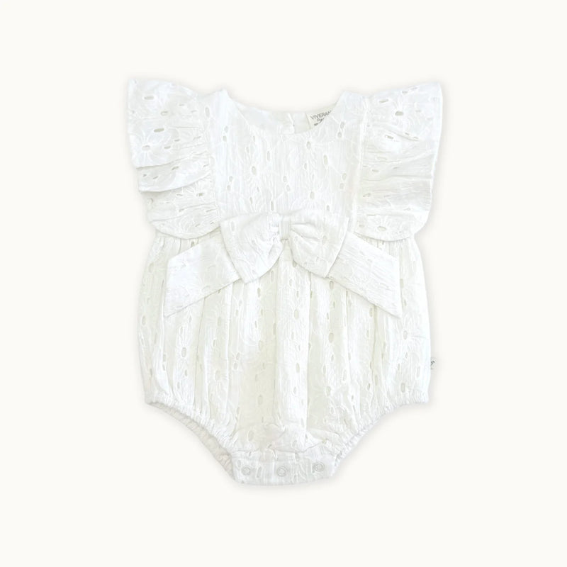 Luna Schiffli Floral Ruffle & Bow Baby Girl Romper (Organic)  (EUC 12-18M)