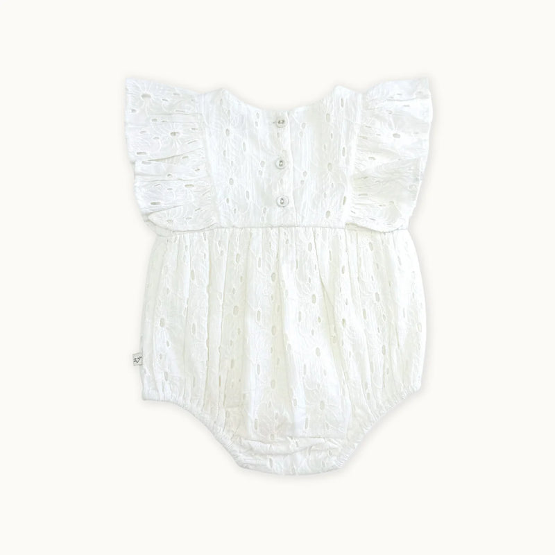 Luna Schiffli Floral Ruffle & Bow Baby Girl Romper (Organic)  (EUC 12-18M)