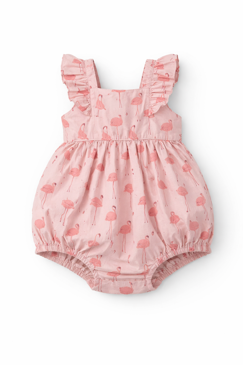 Baby's Twill Ruffled Romper in Flamingos (12M) EUC