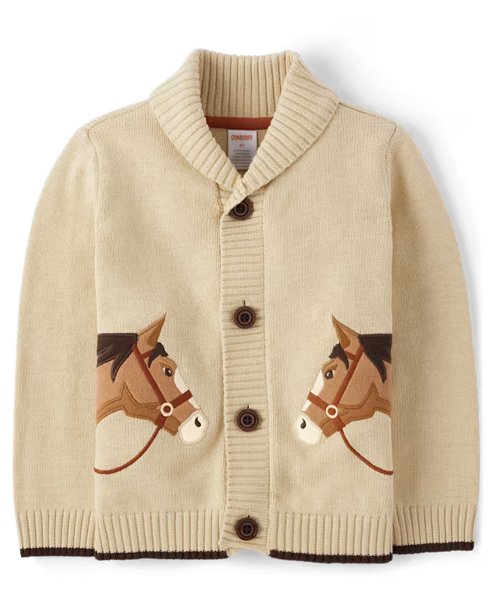 Boys Embroidered Horse Shawl Collar Cardigan - (3T) EUC