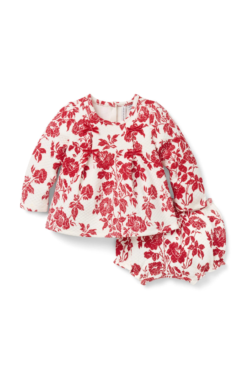 The Floral Quilted Bow Matching Baby Set in Red (12-18M) EUC