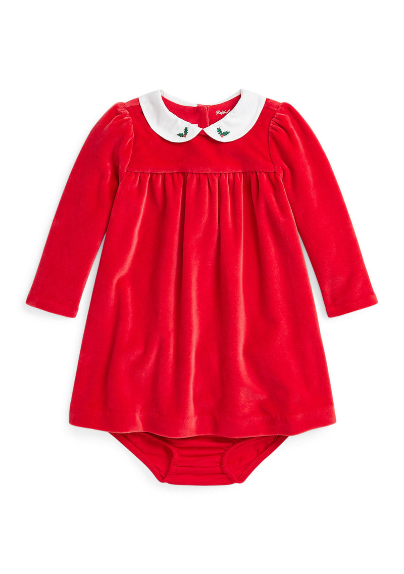 Red Velour Dress embroidered holly collar (Size 18m) EUC