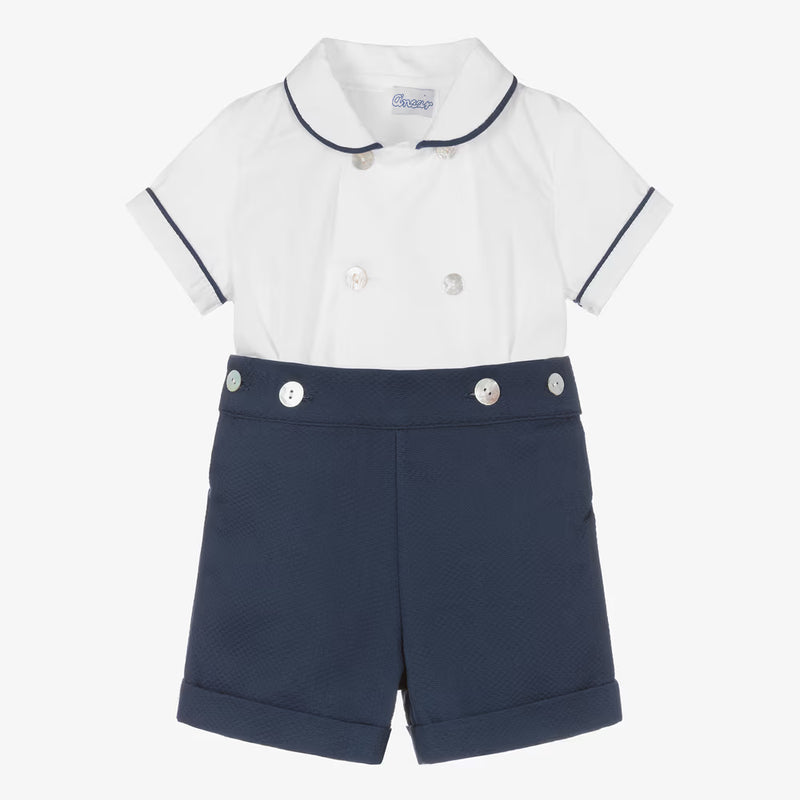 Boys Navy Blue & White Cotton Buster Suit (EUC 3T)