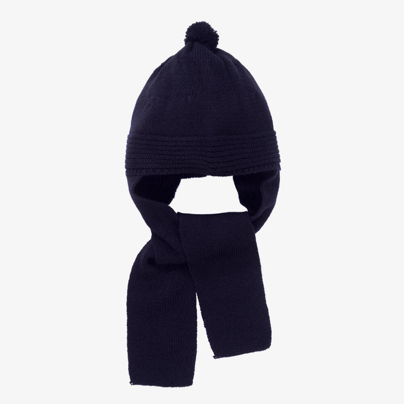 Black Knitted Pom-Pom Hat With Attached Scarf (2-3T) EUC