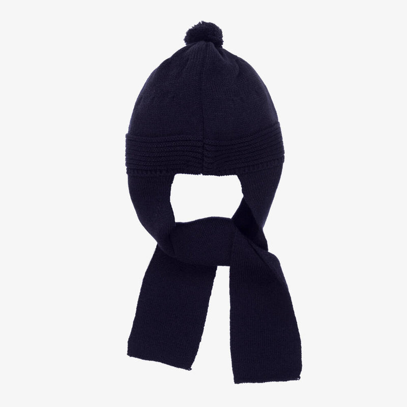 Black Knitted Pom-Pom Hat With Attached Scarf (2-3T) EUC