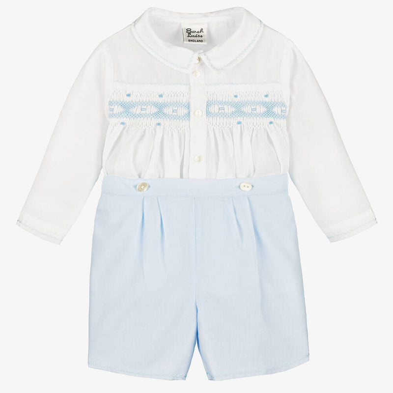 Boys Blue & White Hand-Smocked Buster Suit (3T) NWT