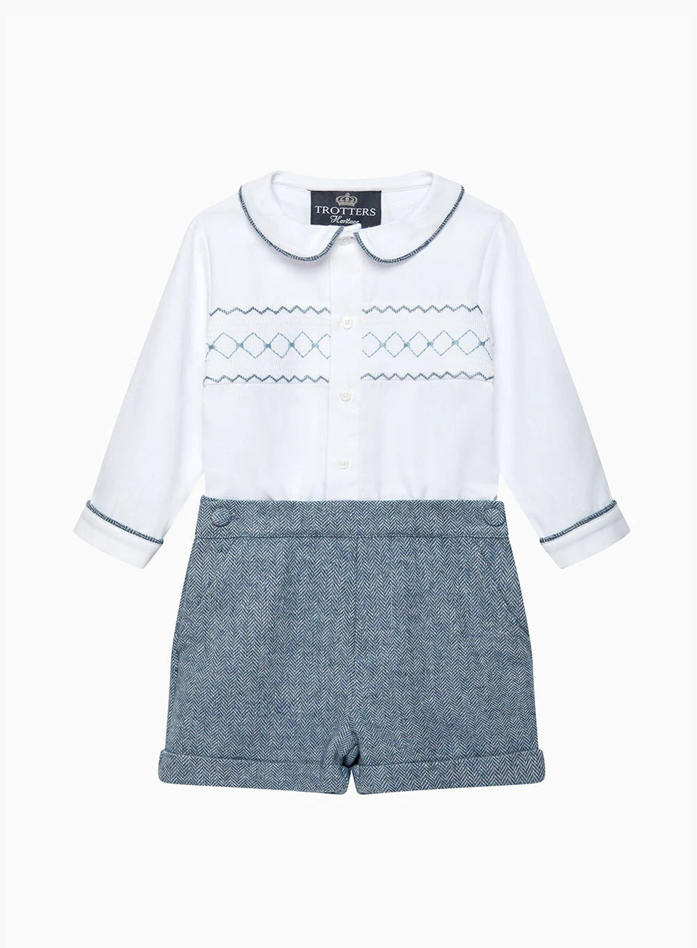 Rupert Smocked Set, White & Blue Herringbone (NWT 3T)