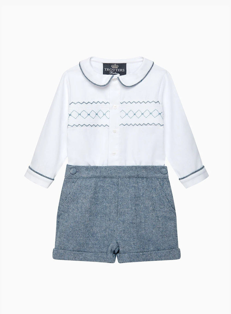 Rupert Smocked Set, White & Blue Herringbone (NWT 3T)